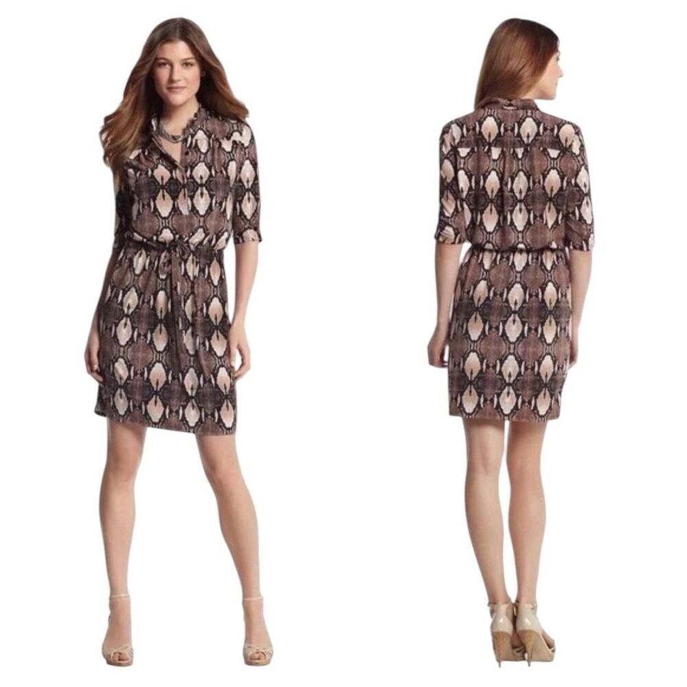 White House Black Market brown snakeskin print dress with waist drawstring